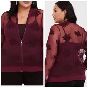 Torrid Mesh Bomber Jacket Burgundy Zip Sheer Womens Sz 3 (22) Embroidered Floral